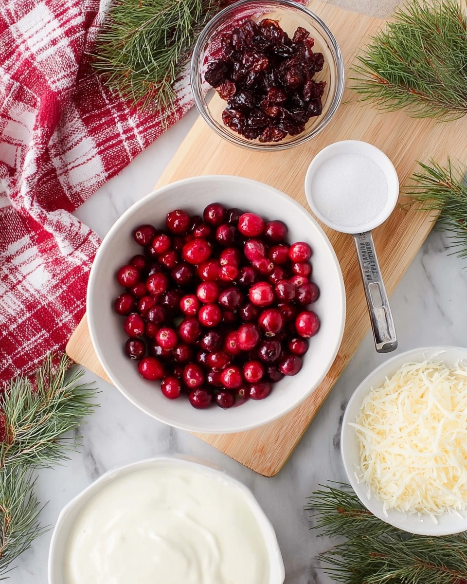 The image shows a top-down view of a white bowl filled with fresh red cranberries placed on a light-colored wooden board. Above the bowl and slightly to the left, there is a small clear glass bowl containing dark red dried cranberries. To the right of the white bowl with fresh cranberries, a small white measuring cup holds white granulated sugar with a metallic handle resting on the board. Below the main bowl, there is another white bowl filled with a smooth white creamy substance, with a spoon sticking out of it. On the bottom right corner, a part of a white bowl with grated white cheese is seen. The dishes are set on a white marbled surface with red and white checkered fabric and green pine branches as decoration. Photo taken with an iphone --ar 4:5 --v 7