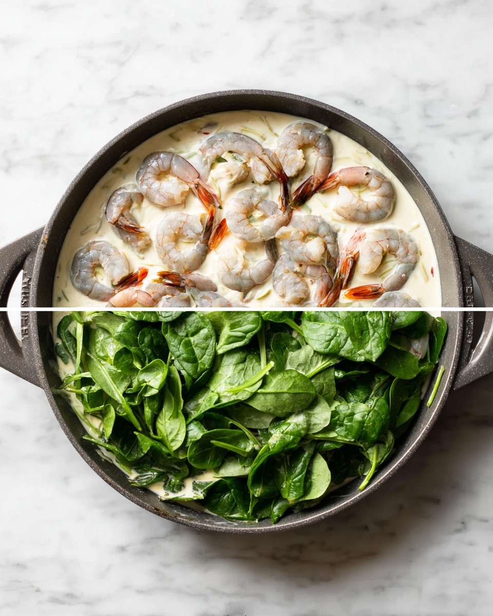 A gray pan sits on a white marbled surface with two stages of a dish shown side by side. In the first stage, the pan is filled with a creamy, white sauce base, and on top, a layer of raw gray shrimp with faint orange tails is neatly spread out. In the second stage, a thick, fresh layer of bright green spinach leaves is placed over the shrimp, filling the pan. The sauce and shrimp remain visible at the edges under the large heap of spinach leaves. Photo taken with an iphone --ar 4:5 --v 7