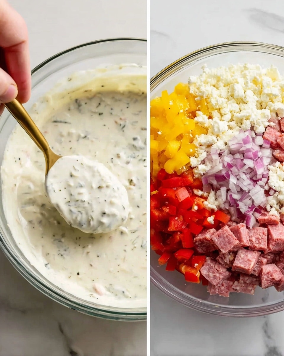 The image on the left shows a clear glass bowl filled with a thick, creamy white sauce with small black specks, a gold spoon scooping up some of the sauce, held by a woman's hand. The image on the right has a clear glass bowl with multiple colorful ingredients layered inside: diced pink salami, white crumbled cheese, bright yellow chopped peppers, finely chopped red onions, and chopped red tomatoes, all placed on a white marbled surface. Photo taken with an iphone --ar 4:5 --v 7