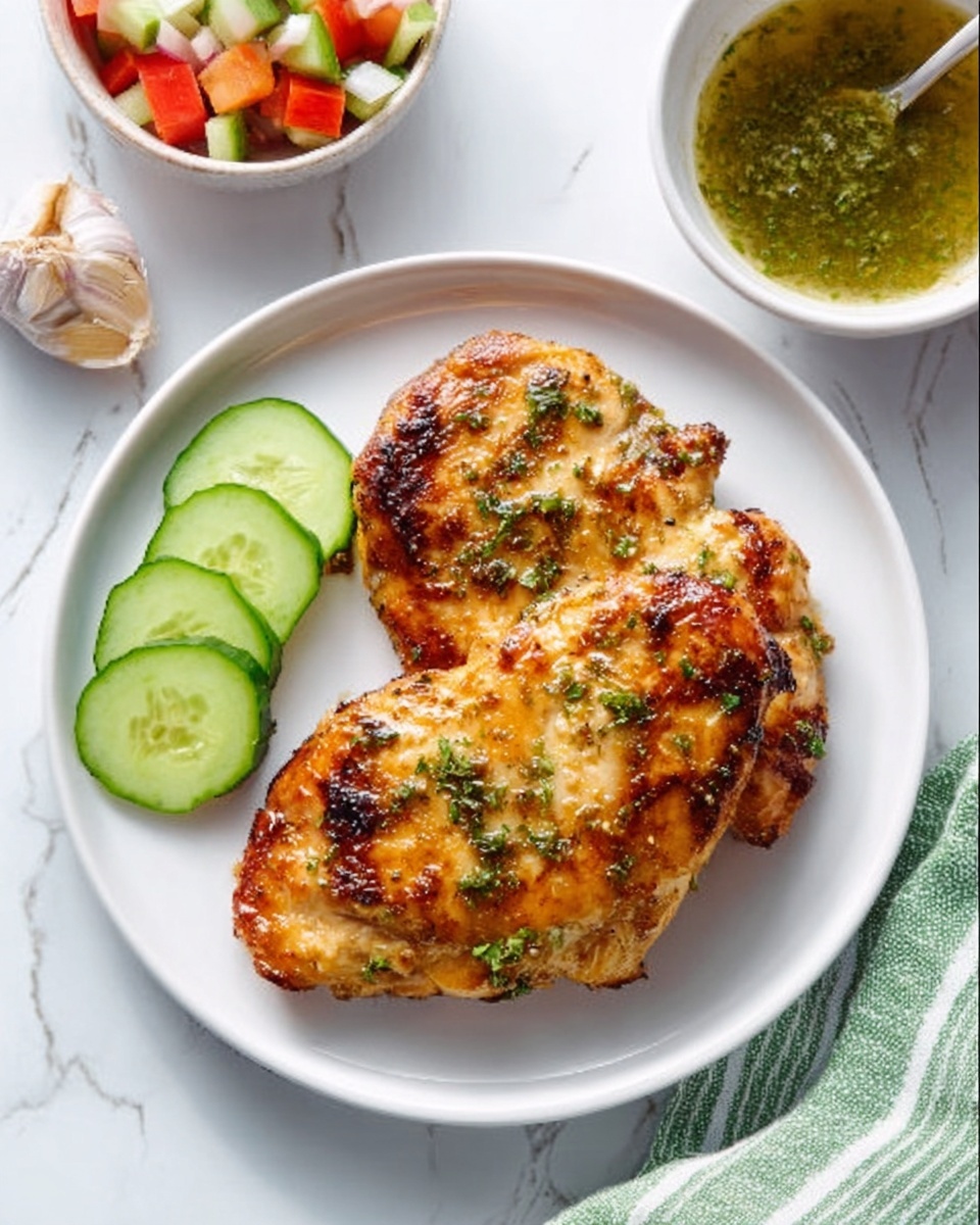 The image shows a white plate on a white marbled surface, with two golden-brown grilled chicken pieces placed slightly overlapping in the center. The chicken has a crispy texture with small green herb bits sprinkled on top. At the bottom left of the plate, there are three green cucumber slices arranged in a small cluster. To the right of the plate, there is a small portion of green sauce in a round white bowl, with a slight sheen. In the upper background, part of a white bowl containing diced red and green vegetables is visible, along with a green and white striped cloth on the right side. A woman's hand holds a small garlic clove near the top left corner. Photo taken with an iphone --ar 4:5 --v 7