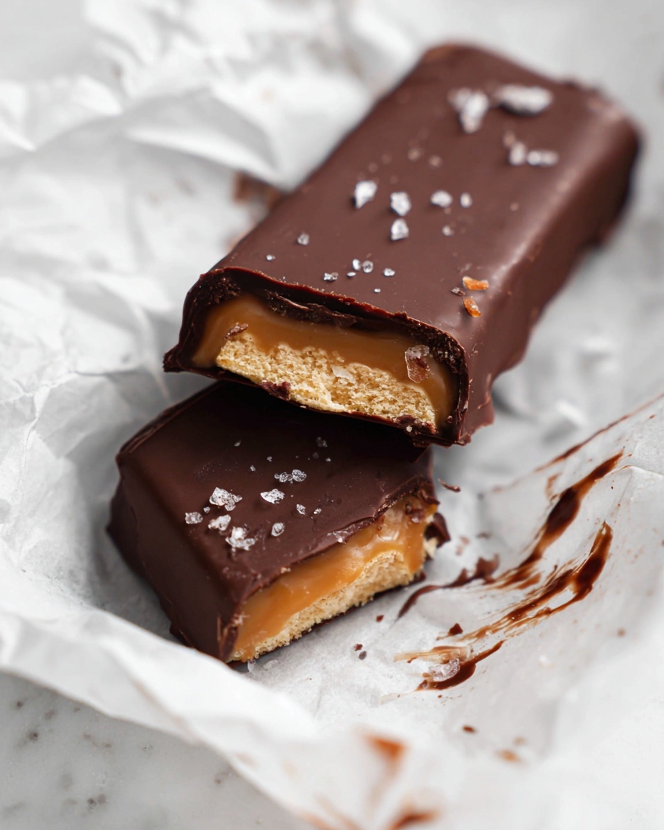 A rectangular chocolate bar with a smooth, dark chocolate outer layer is placed on a white marbled surface. The top is shiny and slightly textured with a few salt flakes scattered on it. One end has a bite taken out, revealing a thick, golden caramel layer flowing out, sitting above a crumbly, light brown biscuit base. Small chocolate crumbs are scattered around the bar. photo taken with an iphone --ar 4:5 --v 7