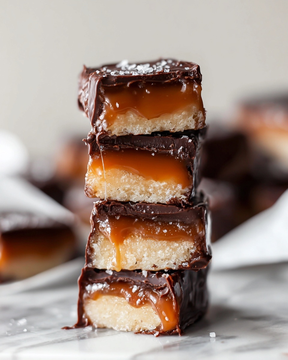 The image shows a stack of four square chocolate caramel bars on a white marbled surface. Each bar has three layers: the bottom layer is light tan and cake-like, the middle layer is a soft, glossy amber caramel that slightly drips down, and the top layer is a thick, dark chocolate coating that is slightly cracked and textured. The bars are stacked vertically with a slight tilt, and some salt flakes are visible on the top chocolate layer of the upper bar. The background is softly blurred, focusing attention on the bars. Photo taken with an iphone --ar 4:5 --v 7