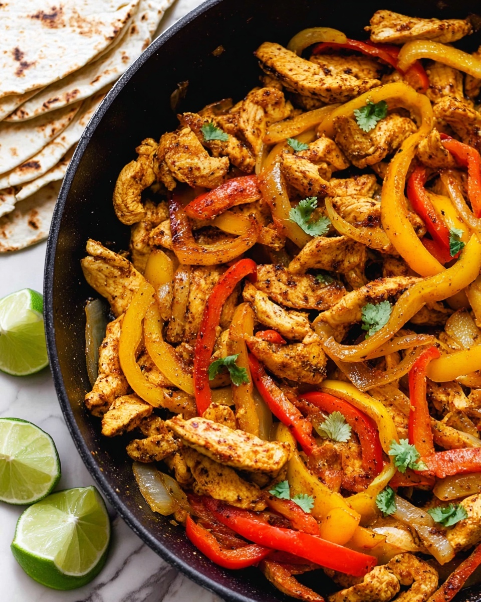 The image shows a close-up of a black skillet filled with cooked chicken strips mixed with sautéed yellow and red bell pepper slices and soft, translucent onion slices. The chicken and vegetables are seasoned and slightly browned, giving a warm golden and reddish color. Small green cilantro leaves are scattered on top. On the left side of the skillet, there are two halves of a squeezed lime, bright green and juicy. In the background on the left, there is a stack of white tortillas with light char marks, all placed on a white marbled surface. photo taken with an iphone --ar 4:5 --v 7