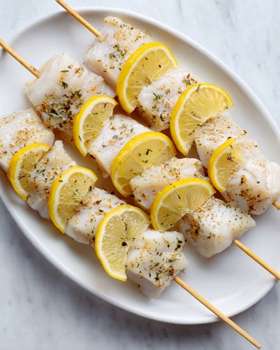 Three wooden skewers lay on a simple white oval plate with pieces of pale, lightly seasoned fish and thin slices of bright yellow lemon evenly spaced along each skewer, showing a smooth texture on the fish and fresh, slightly glossy lemon slices on top; everything is arranged neatly with a clean look against a white marbled surface. photo taken with an iphone --ar 4:5 --v 7