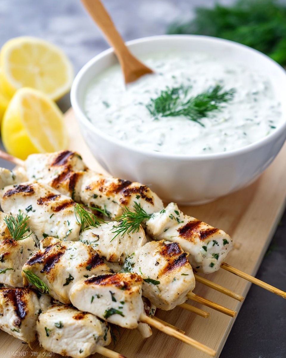 The image shows grilled chicken pieces on wooden skewers placed on a light wood board. The chicken pieces are white with golden brown grill marks and specks of green herbs scattered on them. There are fresh green herb leaves sprinkled on top. Behind the skewers, there is a white bowl filled with thick white sauce that has visible herbs mixed inside, topped with a small bunch of fresh dill. A wooden spoon is partially dipped into the sauce. To the left of the bowl, there are two lemon wedges resting on a white marbled surface. The overall scene is bright and fresh, with a focus on the textures of the grilled chicken and creamy sauce. photo taken with an iphone --ar 4:5 --v 7