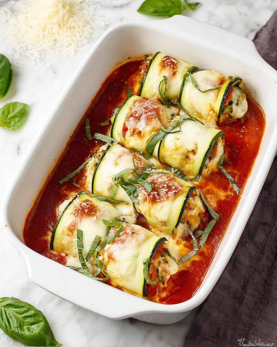 Two zucchini rolls are placed side by side on a white rectangular plate set on a white marbled surface. Each roll has a base layer of green zucchini slice rolled up, filled with a creamy white cheese mixture visible at the edges. On top of the rolls is a melted layer of golden brown cheese with some light browning spots and small bits of red tomato. Fresh green basil leaves are placed on the plate near the rolls, and a fork is blurred in the background. The lighting highlights the creamy texture and the slight glossiness of the cheese layer. Photo taken with an iphone --ar 4:5 --v 7