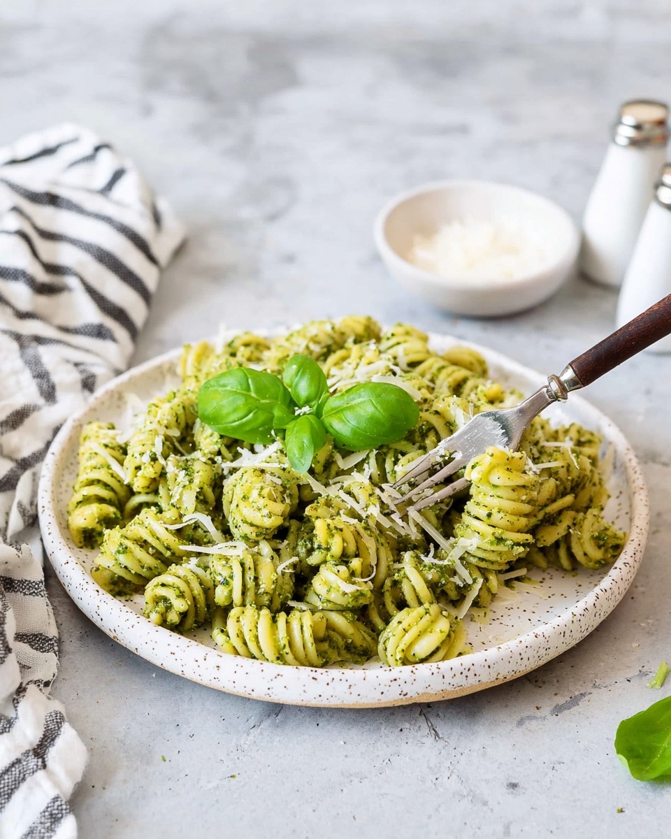 On a white speckled plate, there is a pile of short twisted pasta covered in green pesto sauce, with a fresh basil leaf placed on top for decoration. The pasta has a glossy, slightly oily texture with light shreds of white cheese sprinkled all over. A fork with a dark wooden handle is holding some pasta, leaning on the right side of the plate. The plate is set on a white marbled surface, with a small white bowl and two white salt and pepper shakers blurred in the background, along with a white cloth with black stripes. Photo taken with an iphone --ar 4:5 --v 7