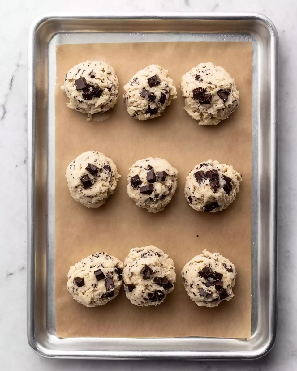 A silver baking tray holds six rough spoonfuls of cookie dough, each topped with small dark chocolate chunks and spaced evenly in two rows of three. The dough is cream-colored with tiny dark specks, and the tray is lined with light brown parchment paper. The tray rests on a white marbled surface. photo taken with an iphone --ar 4:5 --v 7
