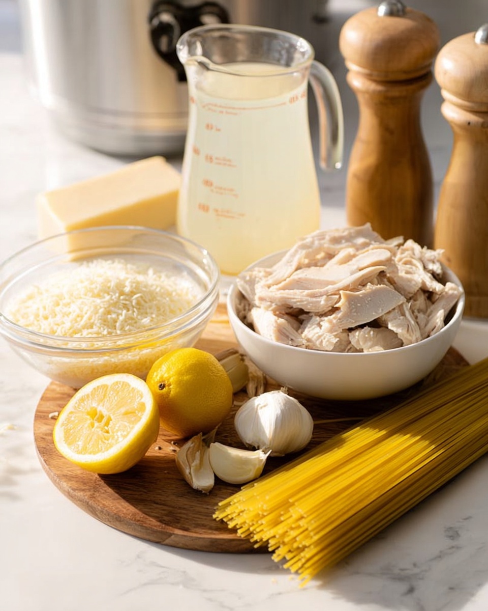 The image shows a wooden board on a white marbled surface with different cooking ingredients arranged neatly. In the front, there are two lemon halves and two cloves of garlic placed beside a small pile of uncooked yellow spaghetti. Near the center, a white bowl filled with sliced cooked chicken is placed. To the left, there is a clear glass bowl filled with grated cheese. Behind the main items, a clear glass bottle with white milk and a clear measuring jug filled with light yellow broth are present. In the background on the white marbled surface, there are wooden salt and pepper grinders and a metallic appliance. The lighting is bright and natural, highlighting the fresh textures of the ingredients. Photo taken with an iphone --ar 4:5 --v 7