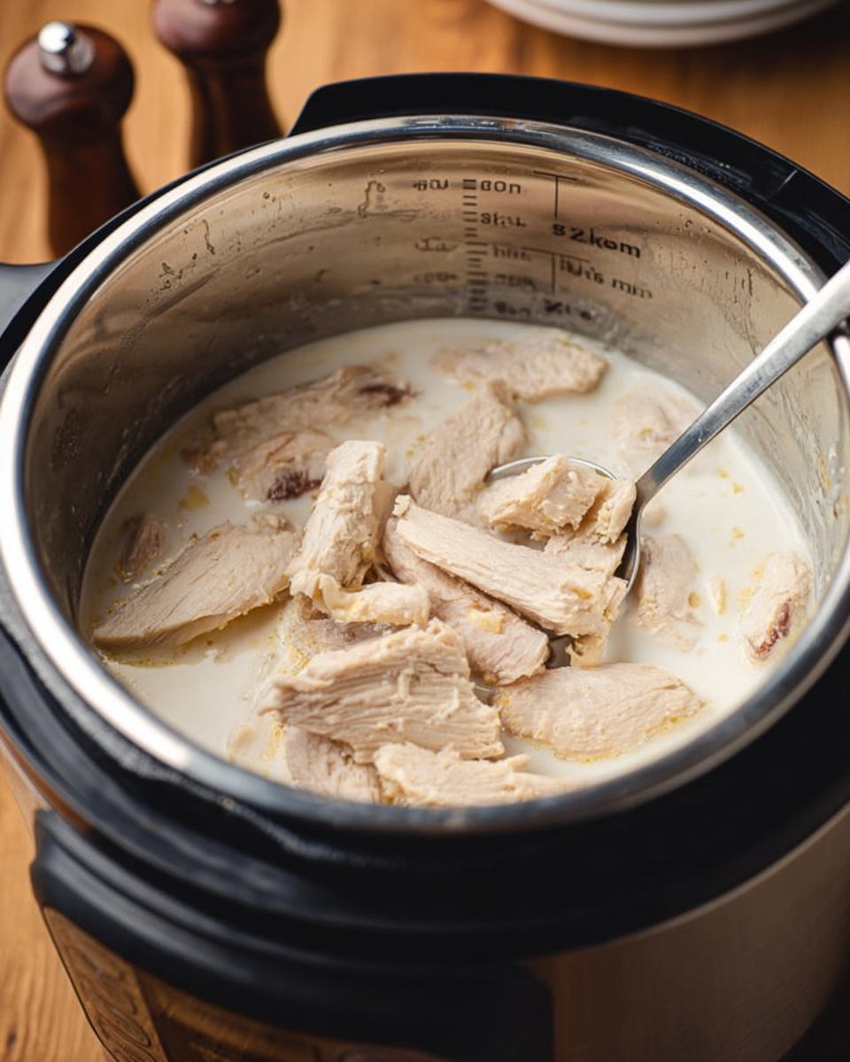 Inside a silver metal pot of a pressure cooker, there are pieces of cooked light brown chicken slices submerged in a white creamy liquid. The pot has measurement marks on the inner side showing 4L max and other units. A silver utensil with a flat end is inside the pot, holding some chicken pieces. The cooker is set on a wooden surface with two blurred brown pepper shakers in the background. The photo has a simple and clean look with natural lighting. photo taken with an iphone --ar 4:5 --v 7