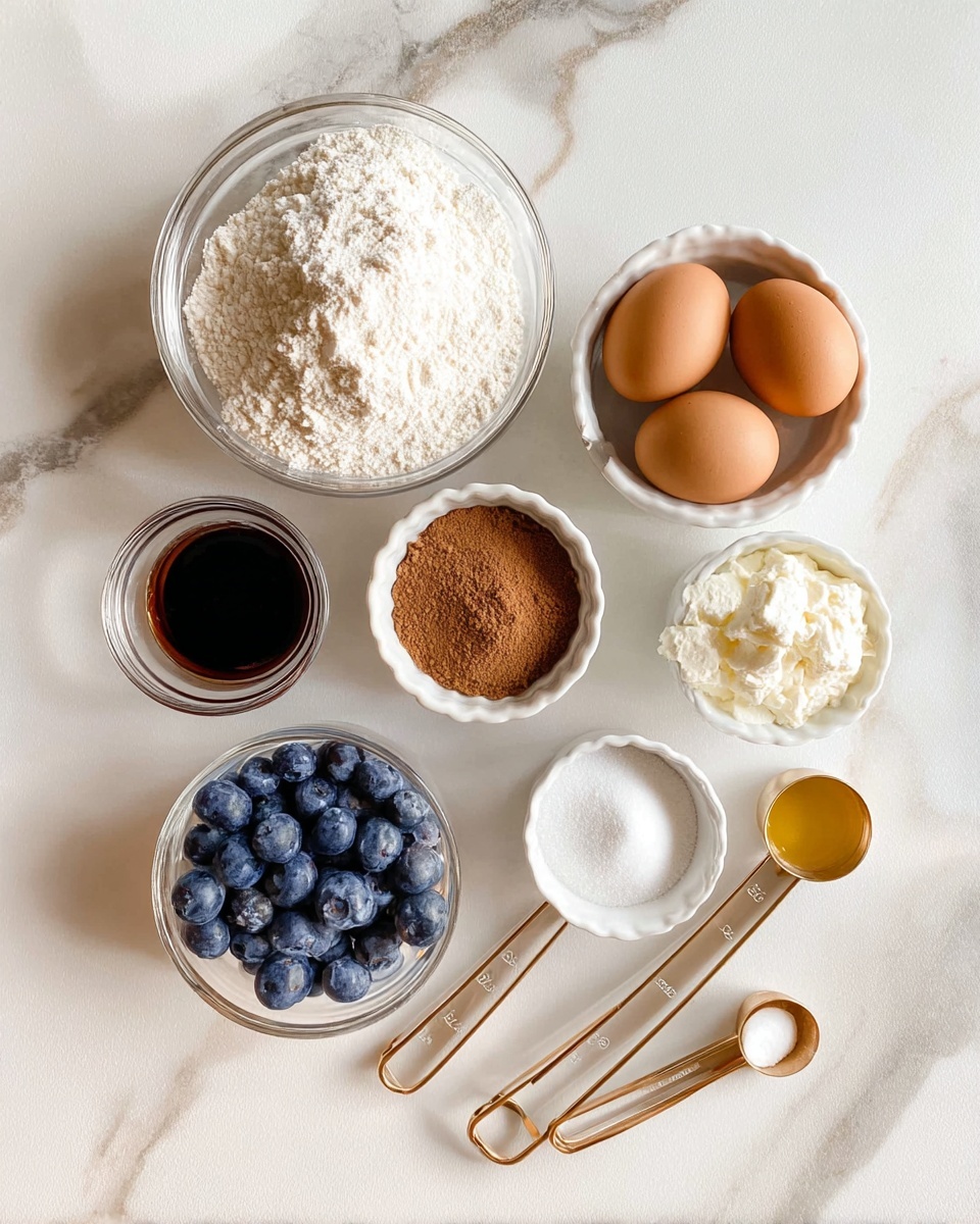 The image shows nine small white bowls and glass cups arranged on a white marbled surface. From top left, there is a glass bowl filled with white flour, next to it a white ramekin holding two brown eggs. Below the flour bowl is a small glass bowl with brown powder, and next to it a glass cup contains dark vanilla extract. To the right of the eggs is a glass bowl with white salt. Below the vanilla extract, a small glass cup is filled with fresh blueberries. To the right, there are three white measuring cups with brass handles, containing, from top to bottom, white cottage cheese, light brown sugar, and golden oil. The arrangement is neat and evenly spaced, showing different colors and textures of ingredients. Photo taken with an iphone --ar 4:5 --v 7