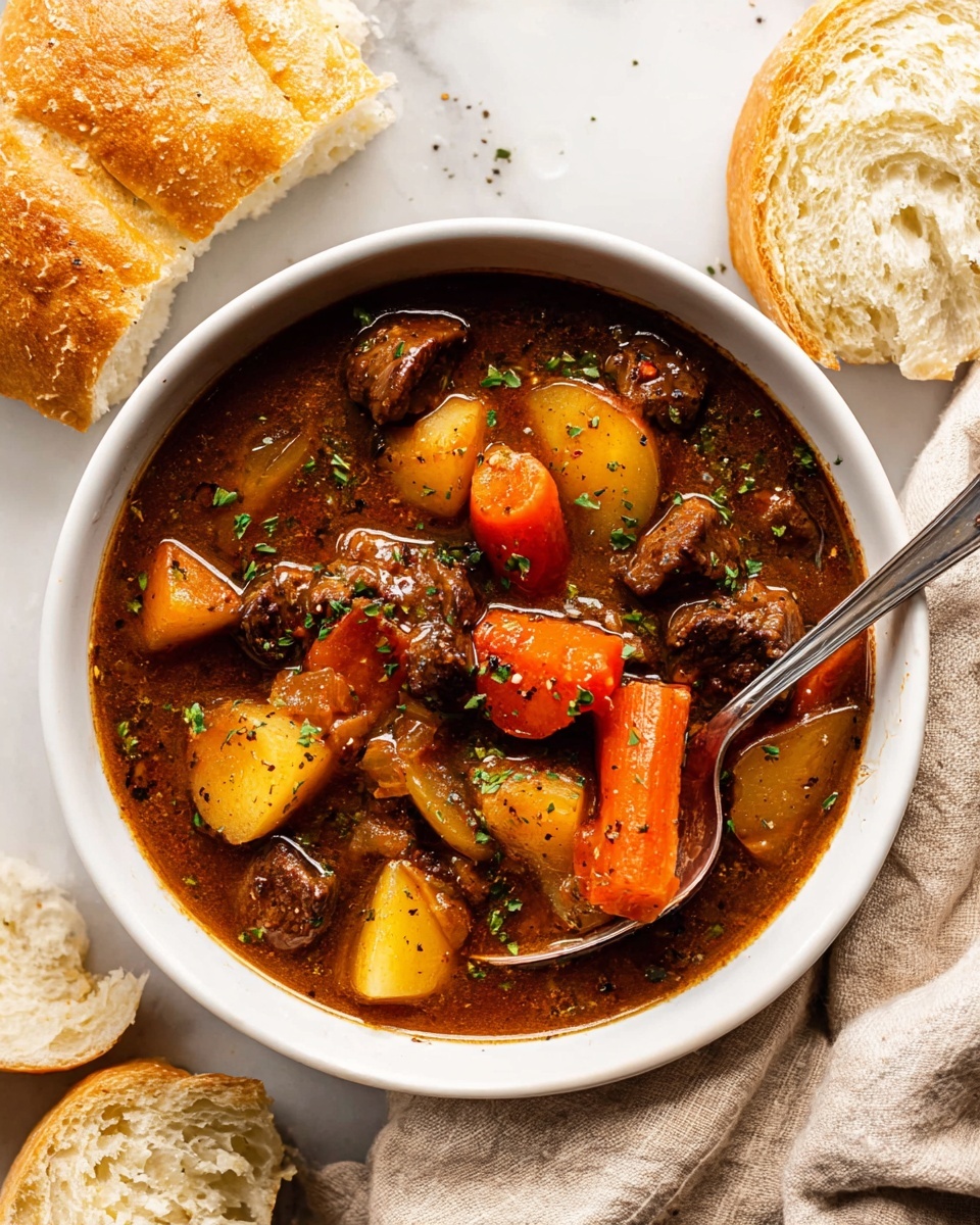 A white bowl filled with thick beef stew showing three main layers: a deep brown broth base, tender chunks of dark brown beef scattered evenly, and bright orange carrot slices along with pale yellow potatoes and red-skinned potato pieces mixed throughout. The stew is garnished with small green herb bits and black pepper flakes scattered on top. A silver spoon is resting inside the bowl, partially submerged in the stew near a large piece of carrot and potato. Next to the bowl, there are two pieces of torn rustic bread with a soft, porous texture, all set on a white marbled surface with a light beige cloth nearby. Photo taken with an iphone --ar 4:5 --v 7