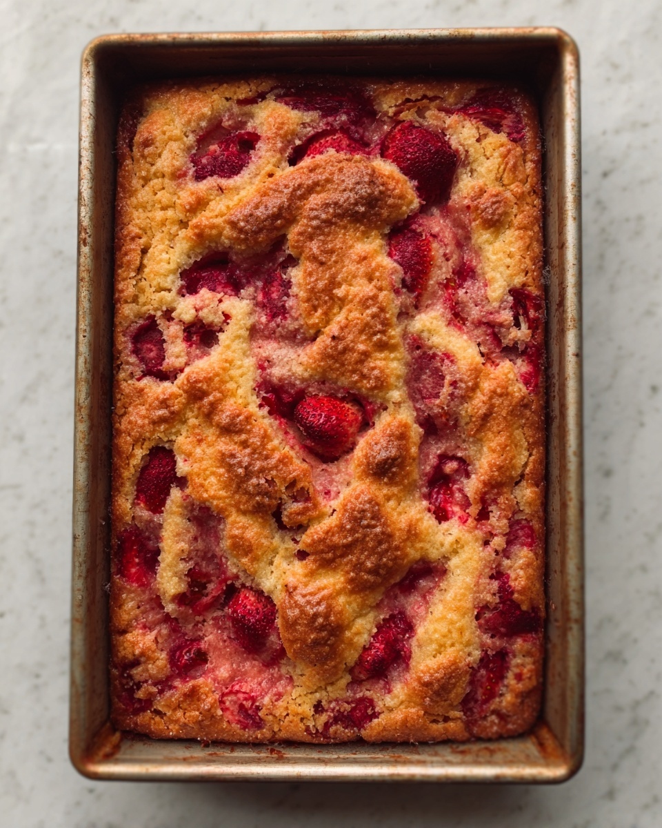 The image shows a rectangular metal baking pan filled with a golden-brown baked dessert that has uneven textured top layers. The top layer has patches of red fruit, possibly strawberries or raspberries, spread unevenly and baked into the surface, creating a mix of smooth and slightly crispy textures. The red fruit parts appear juicy and slightly sunken into the golden crust, giving a layered look of fruit and baked dough. The pan is placed on a white marbled surface. Photo taken with an iphone --ar 4:5 --v 7
