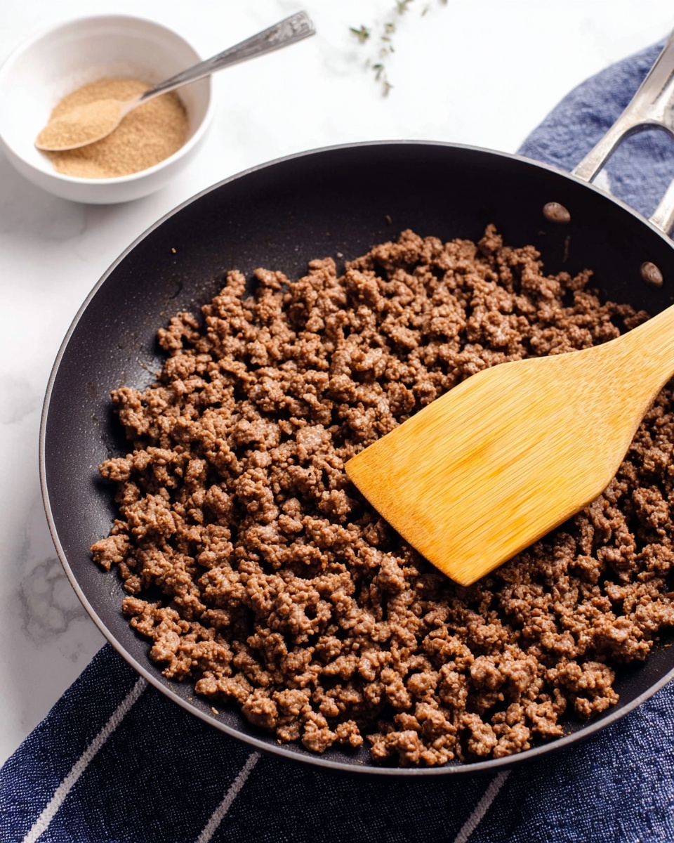A black pan filled with finely cooked brown ground meat, evenly spread across the bottom with some small cooked clumps and a wooden spatula resting inside, showing a textured yellow-brown wood surface. In the background on a white marbled surface, there is a small white bowl containing a light brown spice powder with a silver spoon inside it. Part of a blue cloth with white lines is under the pan. photo taken with an iphone --ar 4:5 --v 7