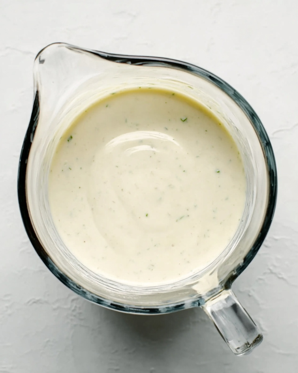 The image shows a clear glass measuring cup filled with a smooth, creamy white sauce that has a few tiny green specks scattered inside. The sauce’s surface is slightly rippled and glossy, indicating a thick but flowing texture. The measuring cup is placed on a white marbled background, and the handle and pouring spout of the cup are clearly visible, adding to the glass’s transparent look. Photo taken with an iphone --ar 4:5 --v 7