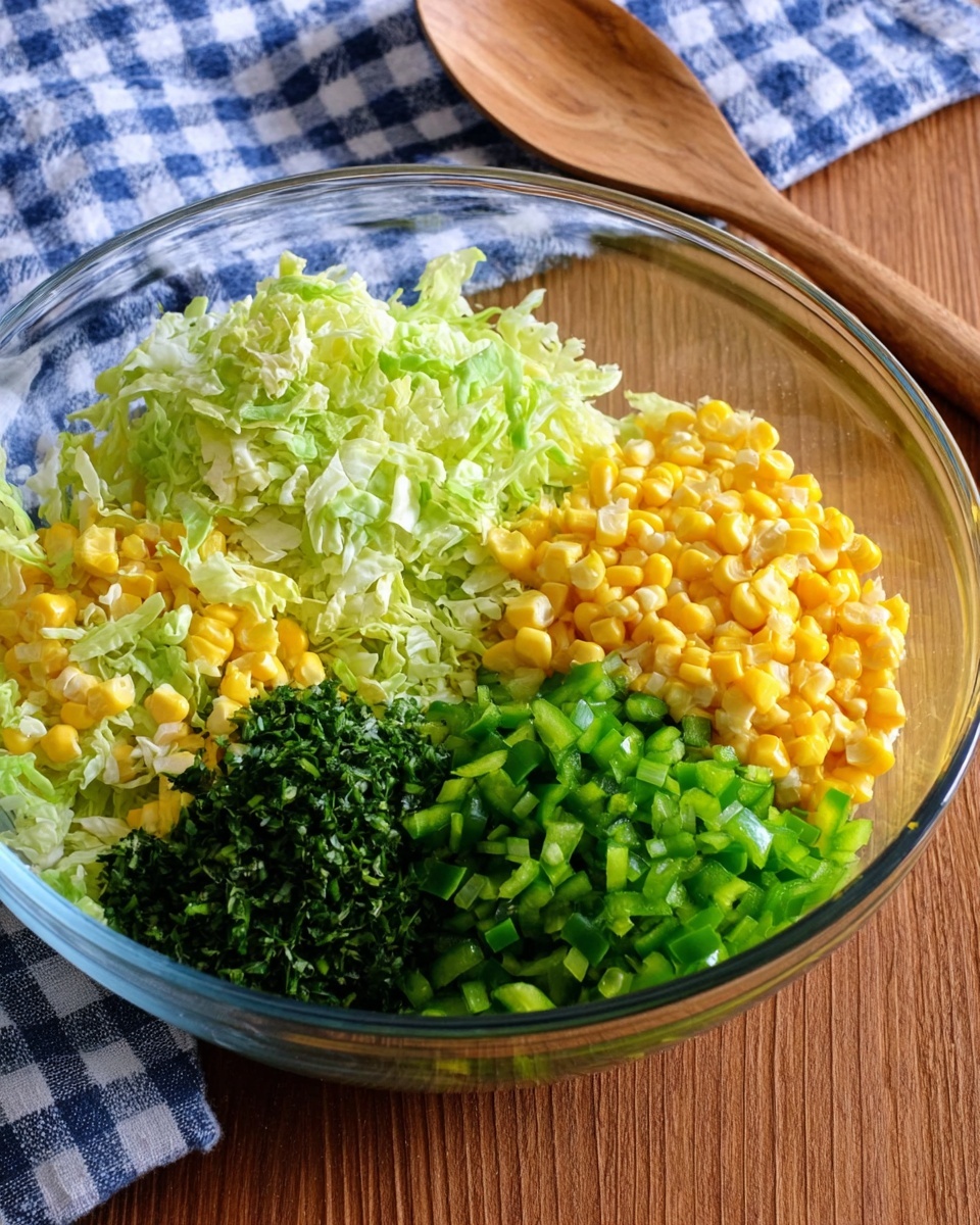 A clear glass bowl holds four separate piles of fresh ingredients placed evenly around the bowl. One section has finely chopped yellow-green cabbage with a soft, leafy texture. Another section shows bright yellow corn kernels that look tender and juicy. There is a pile of finely chopped vibrant green bell pepper with a slightly glossy surface. The last section contains finely chopped dark green herbs and scallions, adding a fresh and leafy look. The bowl sits on a wooden table next to a blue and white checkered cloth and a wooden spoon. photo taken with an iphone --ar 4:5 --v 7
