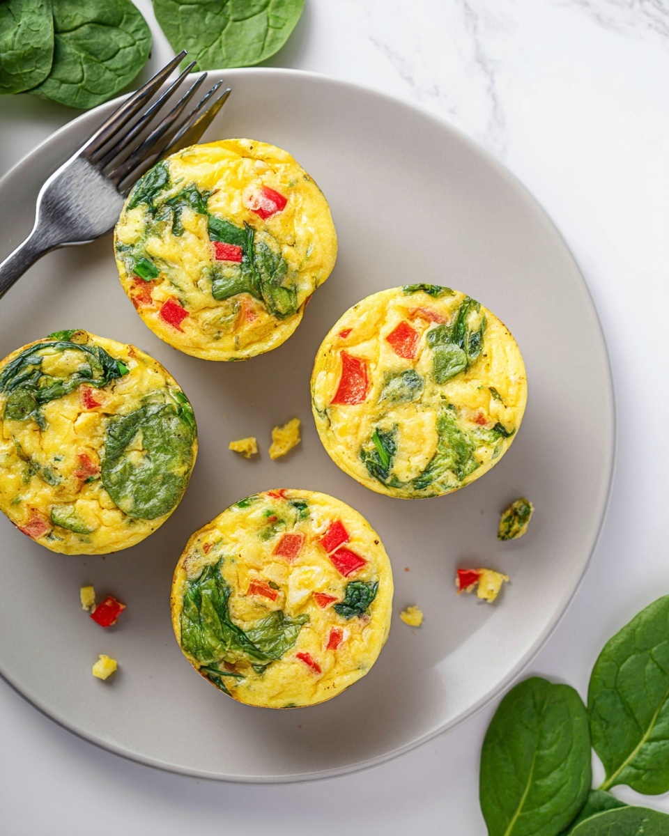 There are twelve small round egg muffins arranged in a 3 by 4 grid on a speckled beige baking tray. Each muffin has a light yellow base with visible green spinach leaves and small pieces of red bell pepper mixed in. The texture looks soft and slightly fluffy. Around the tray, there is a white bowl filled with spinach leaves on the top side, a yellow cloth with white patterns on the right side, and some whole onions and eggs visible in the background. Everything is placed on a white marbled surface. photo taken with an iphone --ar 4:5 --v 7