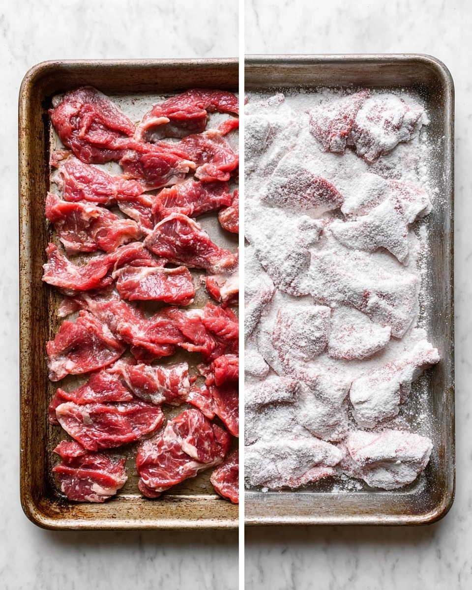 The image shows two metal trays side by side on a white marbled surface. The tray on the left holds thin slices of raw red meat spread evenly across the surface, showing the meat's texture and marbling. The tray on the right contains similar slices of red meat, but they are covered in a white powdery flour coating, giving a contrast between the two trays. Both trays are slightly worn with a rustic look. photo taken with an iphone --ar 4:5 --v 7