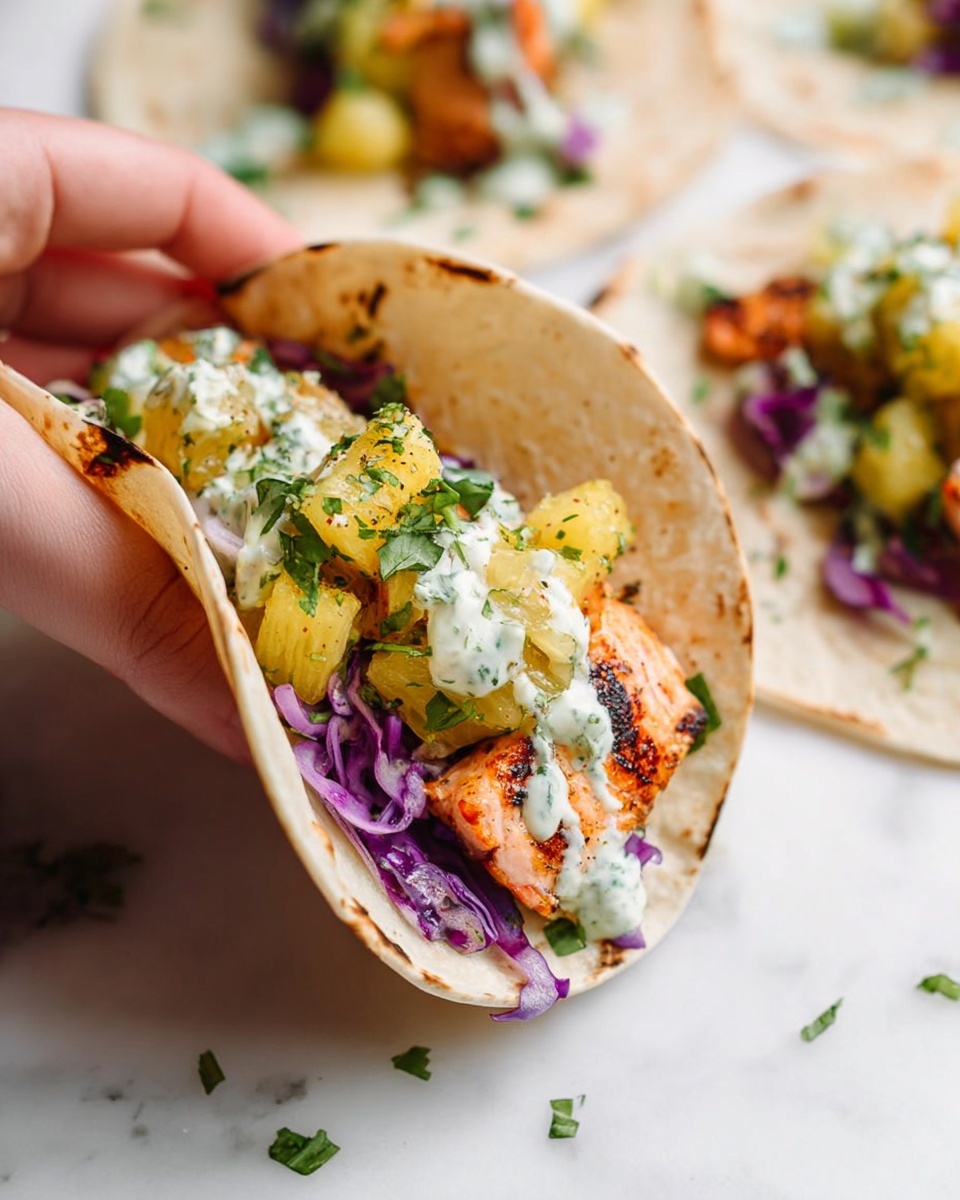 The image shows a close-up of a white tortilla taco held by a woman's hand, filled with three main layers: the bottom layer has small pieces of purple cabbage, the middle layer contains grilled orange salmon chunks, and the top layer includes yellow pineapple cubes mixed with green chopped herbs and a drizzle of white creamy sauce with green specks. Other similar tacos can be seen in the blurry white marbled background, with small bits of chopped herbs scattered around. The overall look is fresh and colorful with a mix of soft, grilled, and fresh textures photo taken with an iphone --ar 4:5 --v 7
