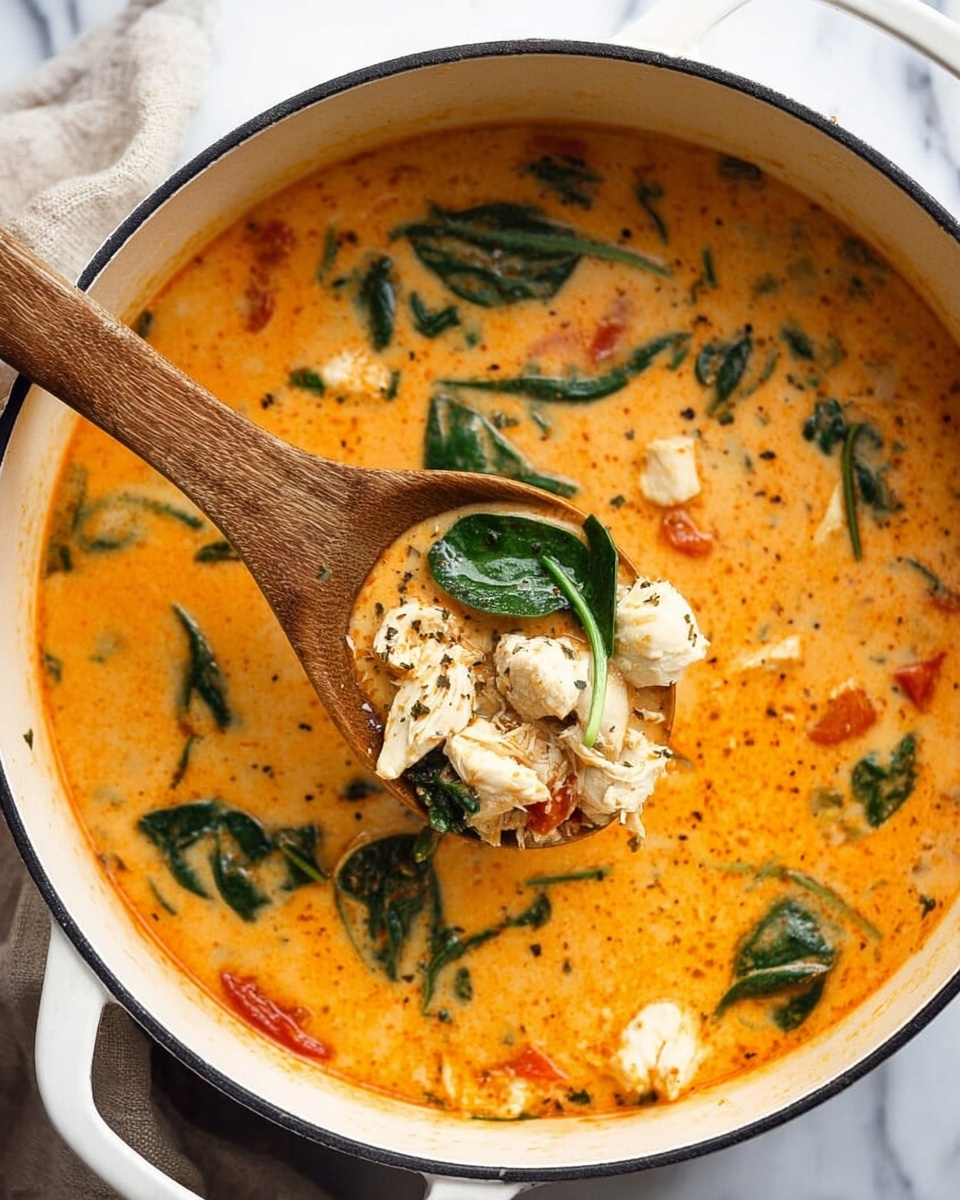 A white pot filled with creamy orange soup that has chunks of white chicken pieces, bright green spinach leaves, and small bits of red tomato scattered throughout. A wooden spoon is inside the pot, lifting some soup and ingredients, showing different textures like smooth soup, tender chicken, and leafy spinach. The pot sits on a white marbled surface. photo taken with an iphone --ar 4:5 --v 7