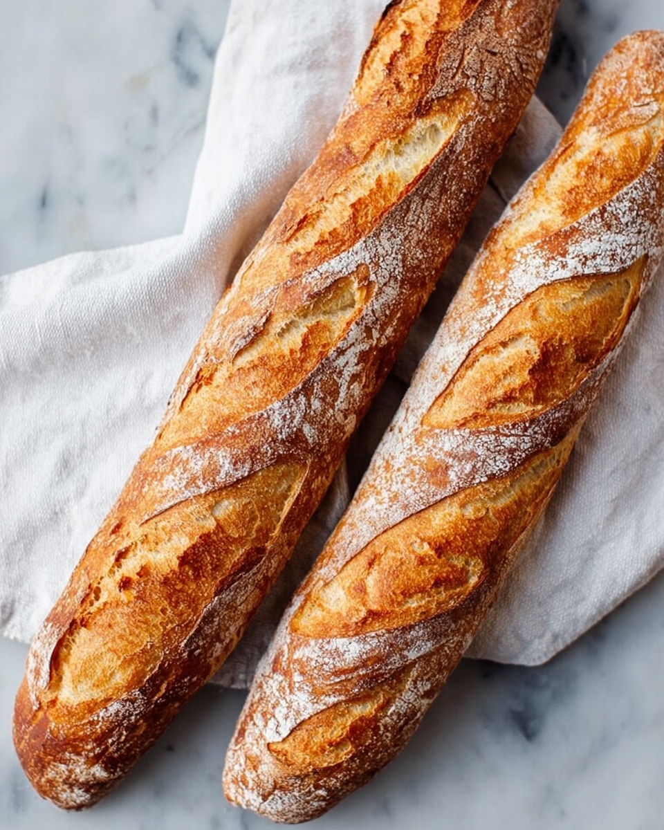 Two long, crusty baguettes with a golden-brown color and a slightly rough texture lie side by side on a white cloth. The baguettes have several diagonal cuts on top, showing a pale, soft inside. They are placed on a white marbled surface that adds a clean, fresh look to the scene. The lighting highlights the crisp crust and the white flour dusting on the bread. photo taken with an iphone --ar 4:5 --v 7