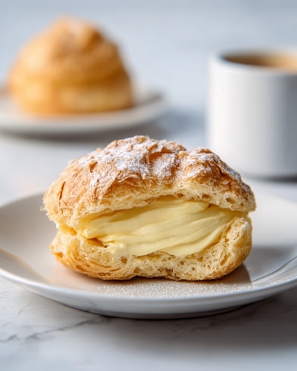 A single puff pastry cream puff is placed in the center of a white plate, showing a clear view of the inside filled with smooth, pale yellow cream. The puff pastry has a golden-brown flaky crust with a slightly rough texture on top. The background is a white marble surface with soft lighting highlighting the dessert's layers. In the blurred background, there is another cream puff and a white cup, adding depth to the scene. photo taken with an iphone --ar 4:5 --v 7