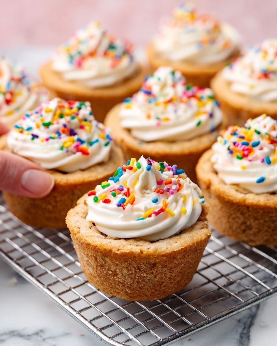 The image shows several cupcakes on a wire rack, each with a golden-brown base and a swirl of white frosting on top. Colorful sprinkles are scattered generously over the frosting, adding bright red, yellow, blue, and green dots. The cupcakes are arranged close together, and part of a woman's hand holding one cupcake can be seen on the left side. The background and surface have a white marbled texture. photo taken with an iphone --ar 4:5 --v 7