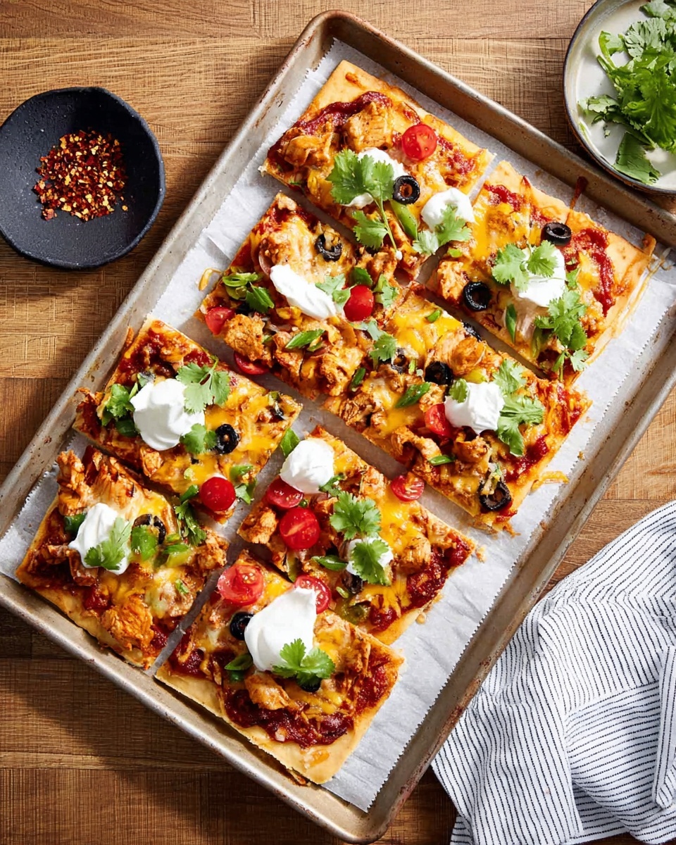 The image shows a rectangular pizza cut into eight square slices on a baking tray lined with white parchment paper. The crust is thin and pale golden. The first layer is a reddish-brown sauce spread evenly on the crust. The second layer of melted yellow cheese covers the sauce. On top, there are chunks of orange-brown cooked chicken pieces, black olive slices, halved cherry tomatoes, and chopped green bell peppers scattered across. White dollops of sour cream sit on some slices, topped with fresh green cilantro leaves. The baking tray rests on a wooden table next to a small black bowl of red chili flakes and a white-striped cloth napkin. The whole scene is lit with natural light, showing the textures and colors clearly. photo taken with an iphone --ar 4:5 --v 7