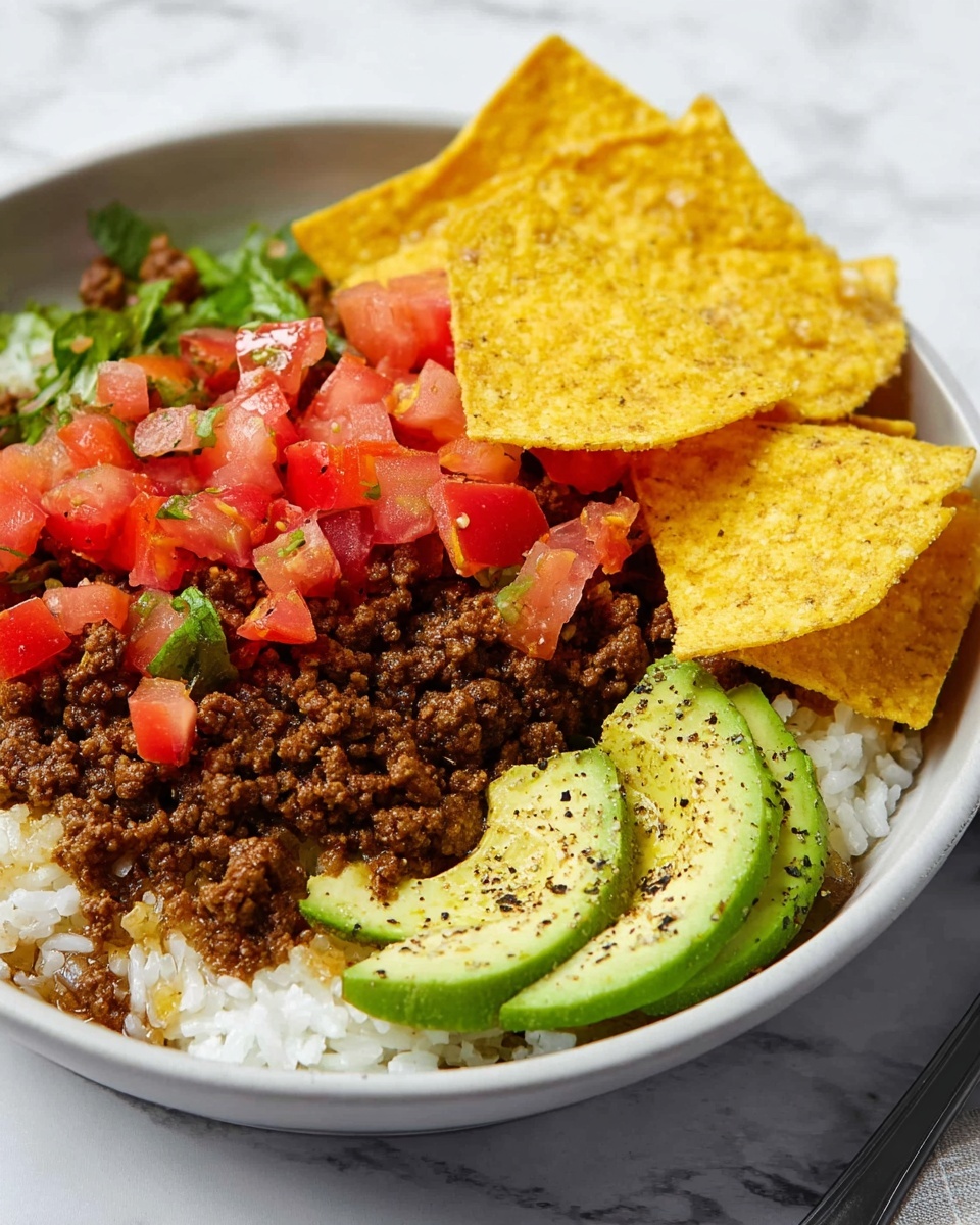 The dish is shown in a white shallow bowl on a white marbled table. At the bottom is a layer of cooked white rice, topped with a layer of cooked ground beef with a coarse texture and brown color. On top of the beef is a layer of chopped fresh red tomatoes, bright in color. There are several large yellow tortilla chips placed on top and among the layers. On one side of the bowl, there are three thin slices of avocado, light green with a smooth texture, sprinkled with black pepper. The whole dish is well arranged and colorful. Photo taken with an iphone --ar 4:5 --v 7