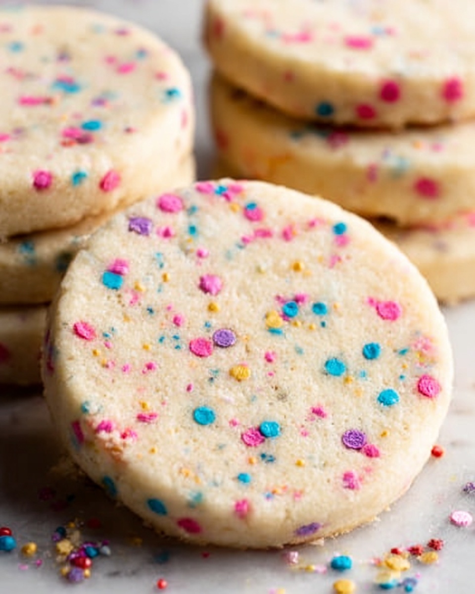 A close-up image of several round shortbread cookies stacked and spread on a white marbled surface. The top cookie is fully visible, showing a smooth, pale beige texture with small, colorful round sprinkles in pink, blue, yellow, and red scattered evenly throughout. The cookie edges are slightly rough, suggesting a crumbly texture. Light shines softly on the cookies, giving them a gentle warm tone. Photo taken with an iphone --ar 4:5 --v 7