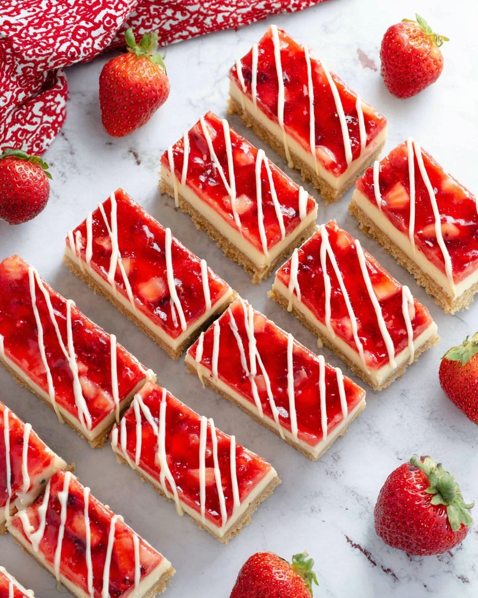 The image shows ten rectangular cheesecake bars arranged in two rows on a white marbled surface. Each bar has three clear layers: a light brown crumbly base, a smooth pale cream cheesecake middle, and a bright red strawberry topping with pieces of strawberries visible inside the shiny jelly layer. On top of the strawberry layer, there are thin white zigzag lines of icing. Around the bars, there are whole and halved fresh strawberries scattered, adding extra red color. A red and white patterned cloth is partially visible at the top left corner. The photo taken with an iphone --ar 4:5 --v 7