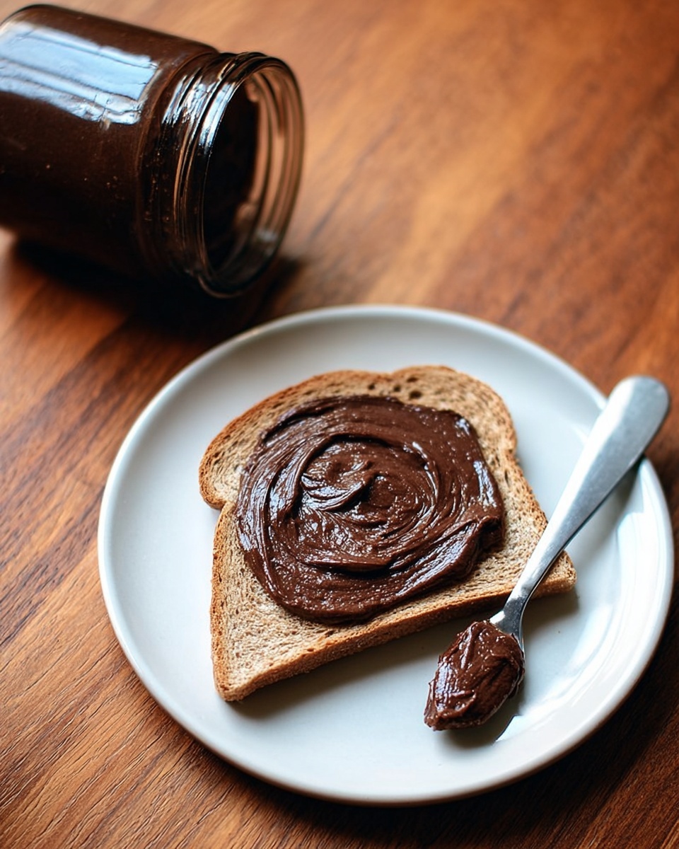 A single slice of brown bread lies flat on a white plate, topped with a thick, uneven layer of dark brown spread that has a slightly shiny and smooth texture. To the right of the bread on the plate is a metal knife holding a small dollop of the same spread. In the background, an empty, dark glass jar lays on its side on a wooden surface. The overall setting is simple, with the wooden surface creating a warm contrast to the bread and spread. photo taken with an iphone --ar 4:5 --v 7