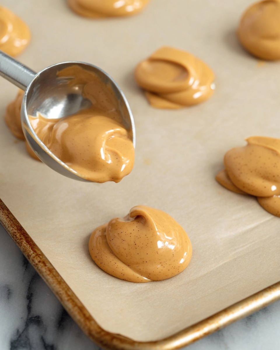The image shows several small dollops of smooth, light brown batter with fine specks, placed on a baking sheet lined with parchment paper. A metal scoop is in the process of dropping one dollop onto the sheet, causing the batter to slightly spread and form a rounded mound with soft edges. The batter has a creamy, glossy texture, and the dollops are evenly spaced across the sheet. The scene is set on a white marbled surface. photo taken with an iphone --ar 4:5 --v 7