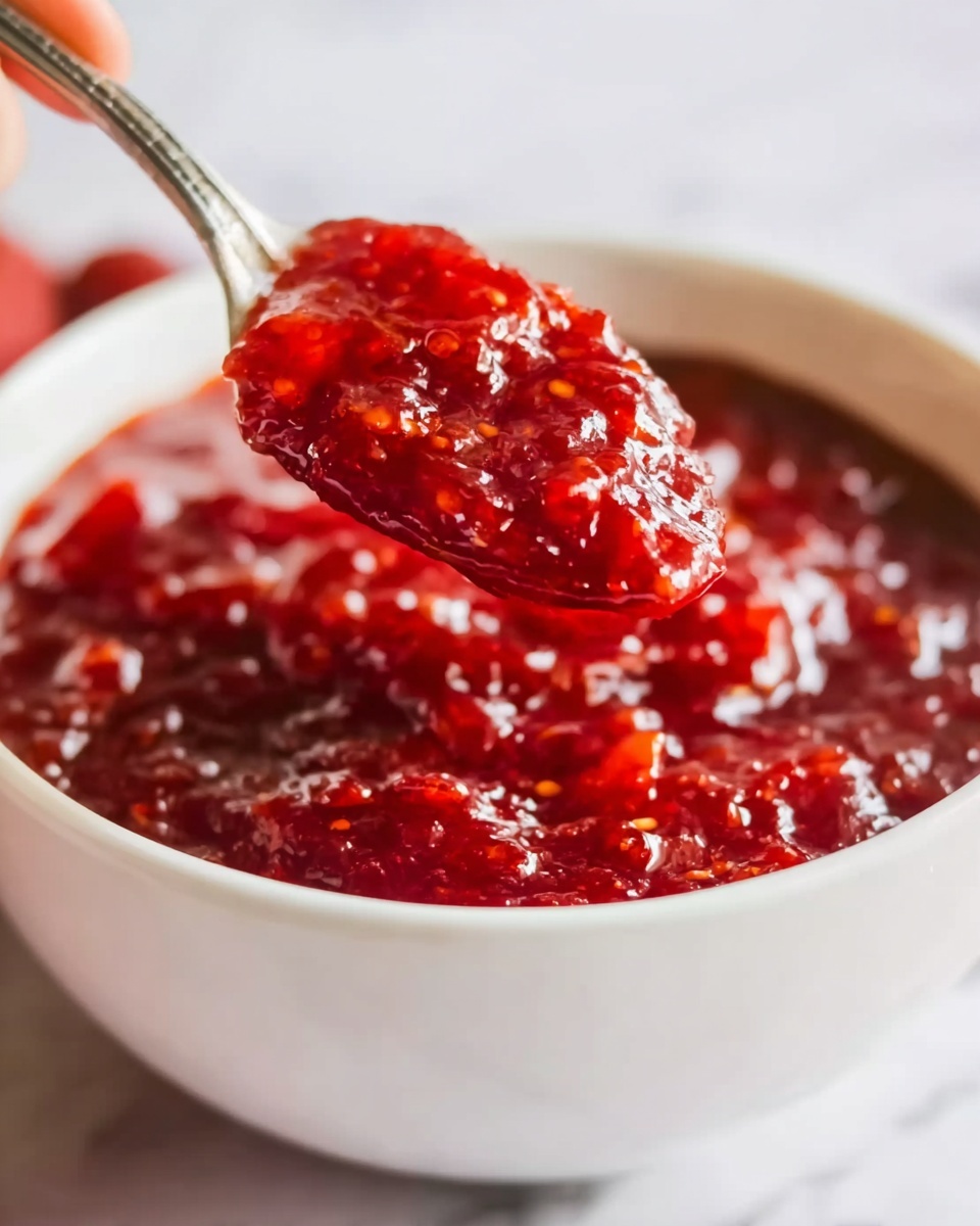 The image shows a white bowl filled with thick, chunky red cranberry sauce. The sauce has visible pieces of cooked cranberries with a shiny, slightly wet texture. A silver spoon is partially dipped into the sauce, resting on the right side of the bowl. The background has a white marbled texture with blurred cranberries in the back. Photo taken with an iphone --ar 4:5 --v 7