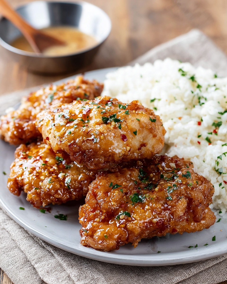 A metal tray lined with light brown parchment paper holds six pieces of golden brown crispy fried chicken tenders covered in a shiny, sticky orange glaze with red chili flakes, sprinkled with small chopped green herbs. At the bottom left corner of the tray is a small white bowl filled with a thick, pale yellow sauce speckled with bits of chili. The tray is placed on a white marbled surface, and some chopped green herbs are scattered around. Photo taken with an iphone --ar 4:5 --v 7