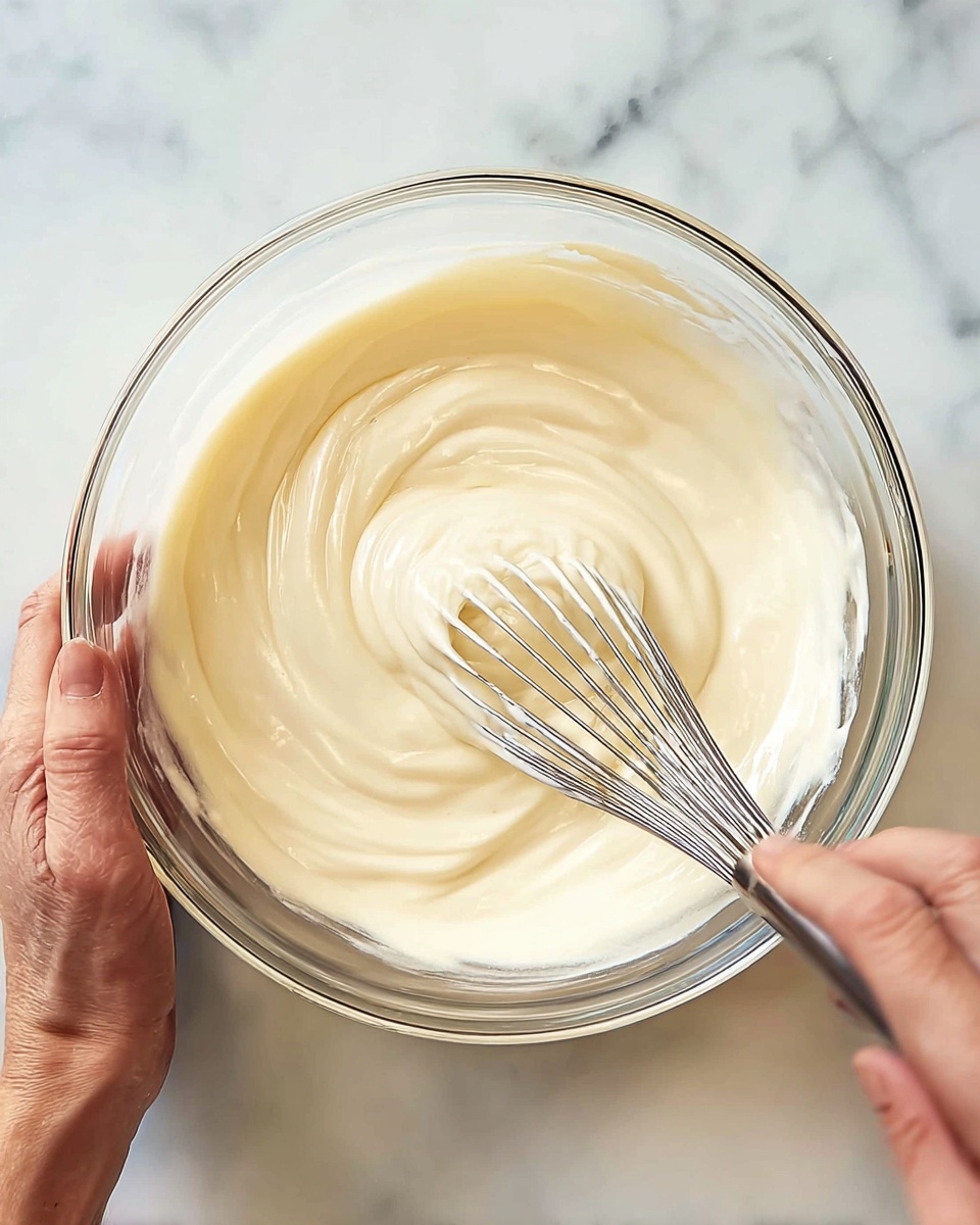A clear glass bowl filled with smooth, thick, light cream color mixture is shown being stirred with a metal whisk. The mixture fills about half of the bowl and has a shiny, glossy texture. A woman's hand is holding the side of the bowl steady, while another woman's hand is moving quickly to mix the contents. The bowl is placed on a white marbled surface. photo taken with an iphone --ar 4:5 --v 7