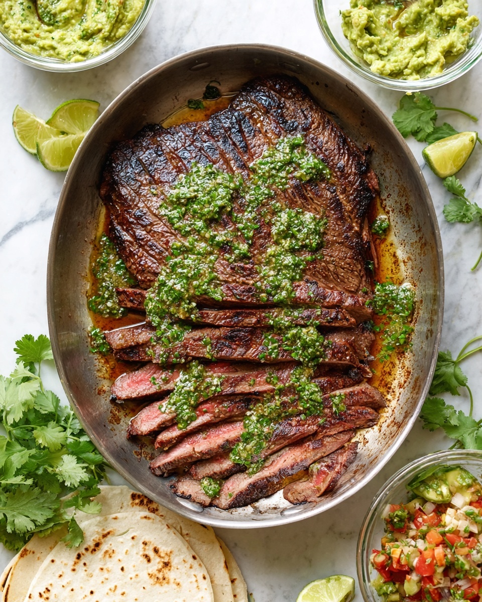 A metal pan on a white marbled surface holds a large grilled steak with a dark brown, slightly charred crust. The steak is sliced halfway, showing juicy pink meat inside. Green herb sauce with chopped herbs and oil is spread on top and around the steak, adding texture and color. Around the pan, there are small clear bowls with green mashed guacamole and mixed diced vegetables, wedges of lime, fresh cilantro sprigs, and soft white tortillas, all placed on the white marbled surface. Photo taken with an iphone --ar 4:5 --v 7