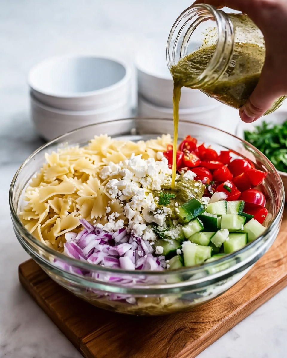 A clear glass bowl filled with visibly separate layers of ingredients, arranged clockwise starting from the top: light yellow farfalle pasta, finely chopped purple onion, fresh cucumber slices, crumbled white cheese centered in the bowl, bright red halved cherry tomatoes, and chopped green herbs alongside diced green bell pepper. A woman's hand is pouring a green-colored dressing from a small glass jar onto the cheese in the center. The bowl is placed on a wooden board over a white marbled surface, with three empty white bowls stacked and one separate white bowl blurred in the background. photo taken with an iphone --ar 4:5 --v 7