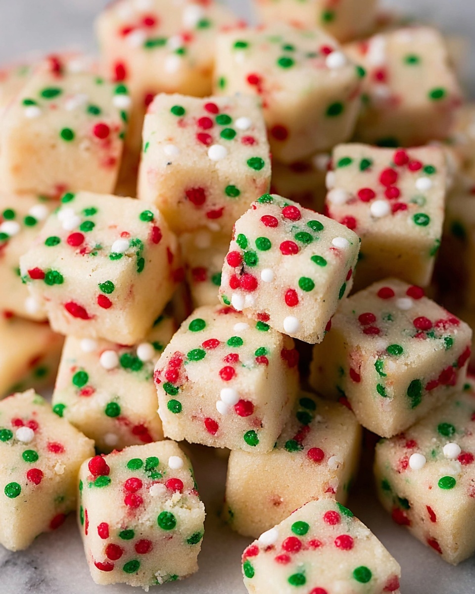 The image shows many small square cookies scattered together, each cookie is light golden color with a soft texture and slightly browned edges. On top of every cookie, there are tiny round sprinkles in red, green, and white colors, adding a festive look. The cookies are unevenly stacked forming a packed layer, filling the entire frame. The background is a white marbled texture, making the cookies stand out well. photo taken with an iphone --ar 4:5 --v 7