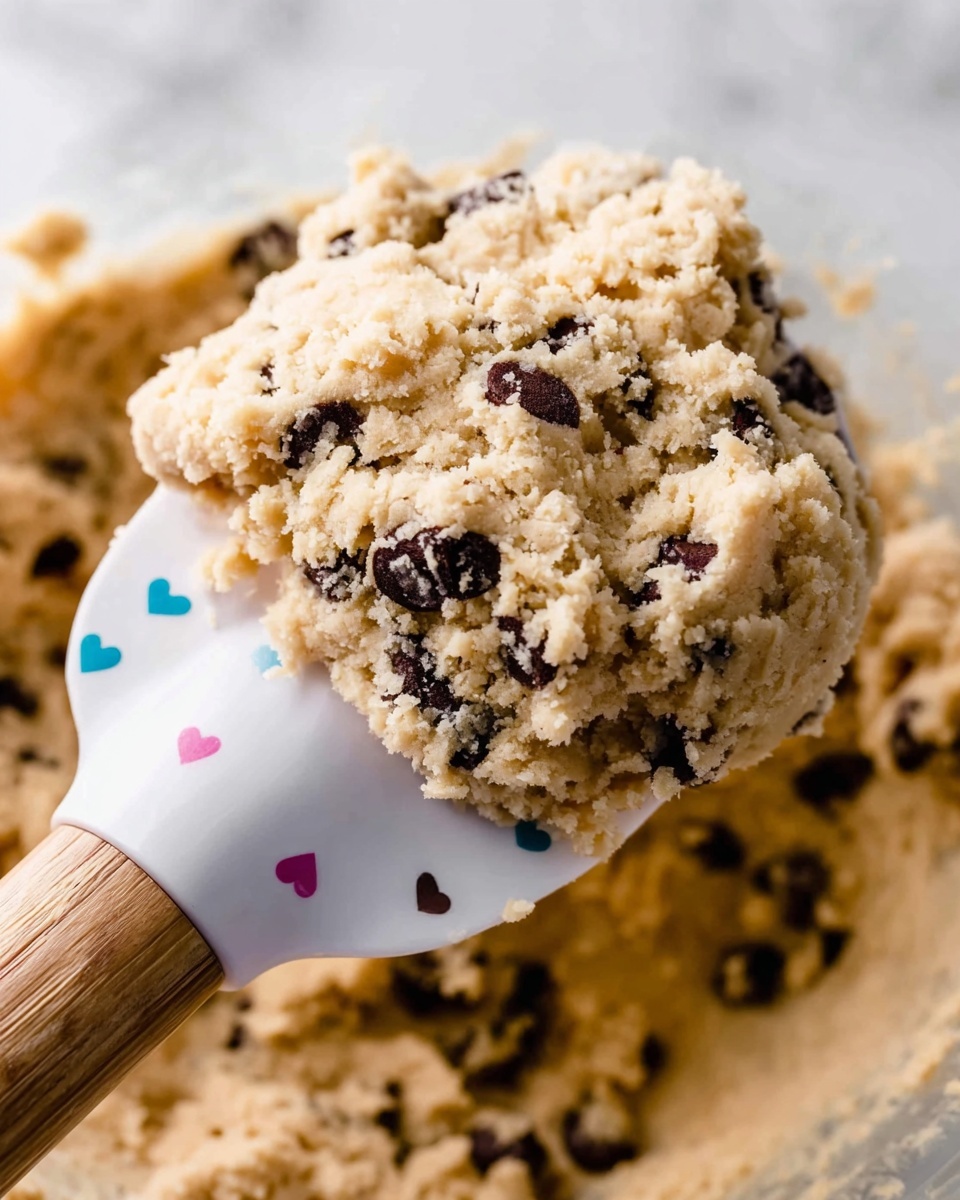 A close-up view of a large scoop of light beige cookie dough mixed with dark chocolate chips, showing a rough and slightly crumbly texture. The cookie dough is held in a white spatula with small heart shapes in different colors on the blade and a wooden handle, partially embedded in the dough. The background is blurred, featuring a white marbled texture. photo taken with an iphone --ar 4:5 --v 7