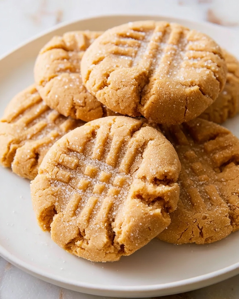 A close-up view of a stack of four golden brown peanut butter cookies, each showing a pattern of fork marks pressed lightly into the top surface with a slightly cracked texture revealing a soft inside. The cookies have a light dusting of sugar crystals that catch the light, making the tops sparkle gently. The stack is placed on brown parchment paper, with more cookies blurred in the background and a small white bowl of smooth peanut butter visible to the right. All of this sits on a white marbled surface. Photo taken with an iphone --ar 4:5 --v 7