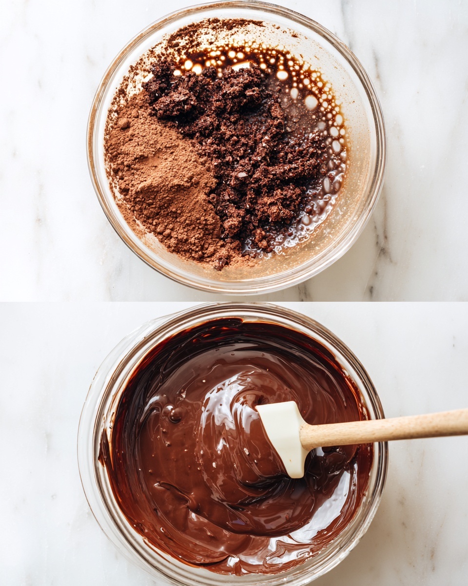 The image shows two clear glass bowls on a white marbled surface, each containing chocolate in different stages. The top bowl holds a mix of dry and wet ingredients with a rough, lumpy texture, showing dark brown cocoa powder scattered over a glossy, liquid chocolate base with some bubbles. The bottom bowl contains smooth, melted chocolate with a shiny, thick, and creamy texture being stirred by a spatula with a white silicone head and a light wooden handle, resting inside the bowl. photo taken with an iphone --ar 4:5 --v 7