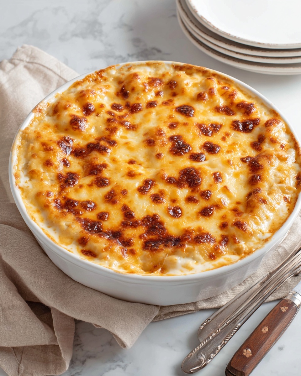 This image shows a white round casserole dish filled with a baked cheesy dish. The top layer is golden brown melted cheese with some darker browned spots, giving it a bubbly texture. Underneath the cheese layer, there is a creamy light beige sauce visible around the edges. The dish sits on a white marbled surface with a beige cloth napkin on one side. Next to the casserole, there are a fork and a spoon with silver metal heads and brown wooden handles. Stacked white plates with silver forks are visible in the background. Photo taken with an iphone --ar 4:5 --v 7