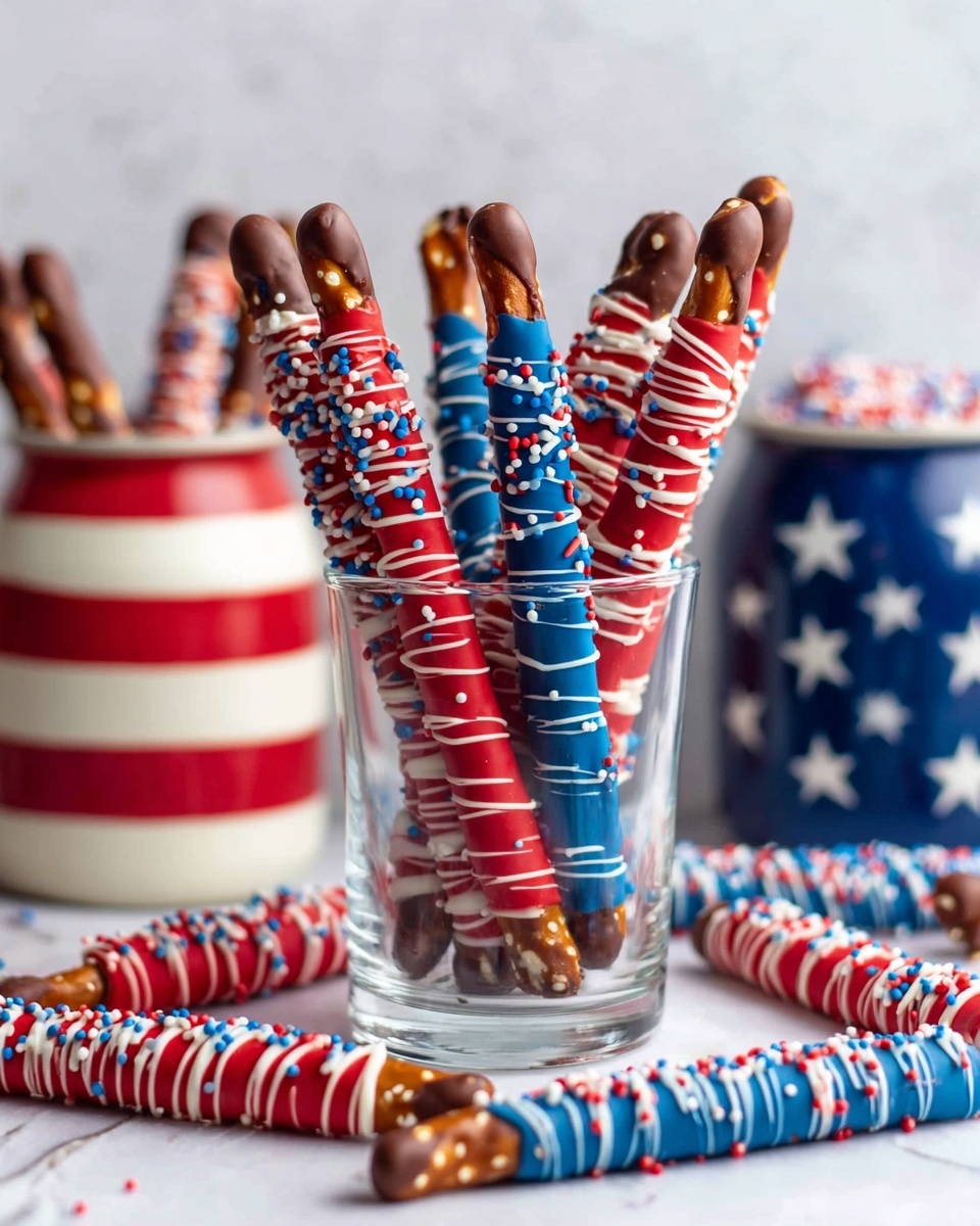 The image shows several pretzel sticks dipped in red, white, and blue chocolate. Each pretzel stick is covered with a solid color of chocolate and drizzled with a contrasting color in thin lines, and some have small round sprinkles. The pretzels are placed standing inside a clear glass in the center, with more pretzels lying flat on a white marbled surface around the glass. The background includes three ceramic jars colored in red, white, and blue stripes and stars, adding a patriotic theme to the photo. The overall look is bright and festive with a focus on the layered colors and textures of the chocolate coating photo taken with an iphone --ar 4:5 --v 7