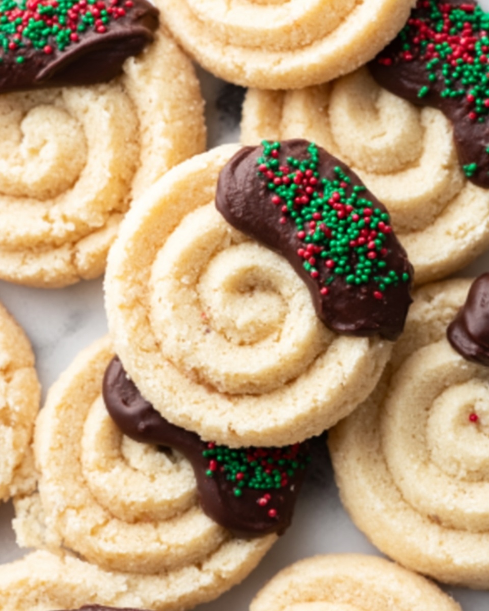 The image shows a stack of four round cookies with a light, creamy color and a soft, slightly crumbly texture. Each cookie is half dipped in dark chocolate, with colorful round and rod-shaped sprinkles in red, green, white, and pink stuck on the chocolate side. The cookies are placed on a white marbled surface, with more decorated cookies blurred in the background. Bits of sprinkles are scattered around the base of the stack. The lighting is soft and natural, highlighting the smooth chocolate and soft cookie texture. Photo taken with an iphone --ar 4:5 --v 7