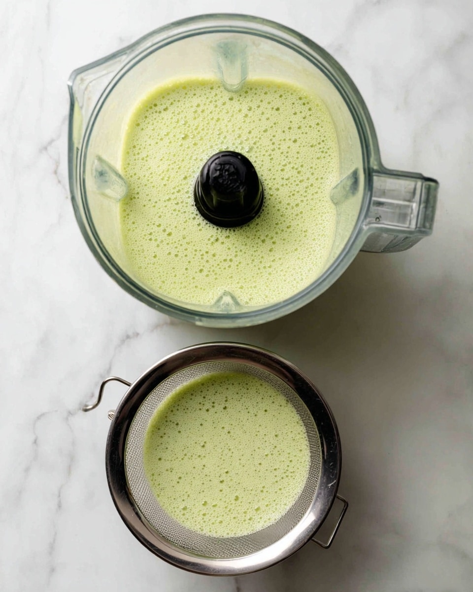 The image shows a top view of a blender container filled with a light green frothy liquid, with the black blender blade visible in the center, placed on a white marbled surface. Below the blender, there is a metal strainer filled with the same light green foamy liquid, resting on the same white marbled surface. The liquid has a bubbly texture and fills both the blender and the strainer to a similar level. Photo taken with an iphone --ar 4:5 --v 7