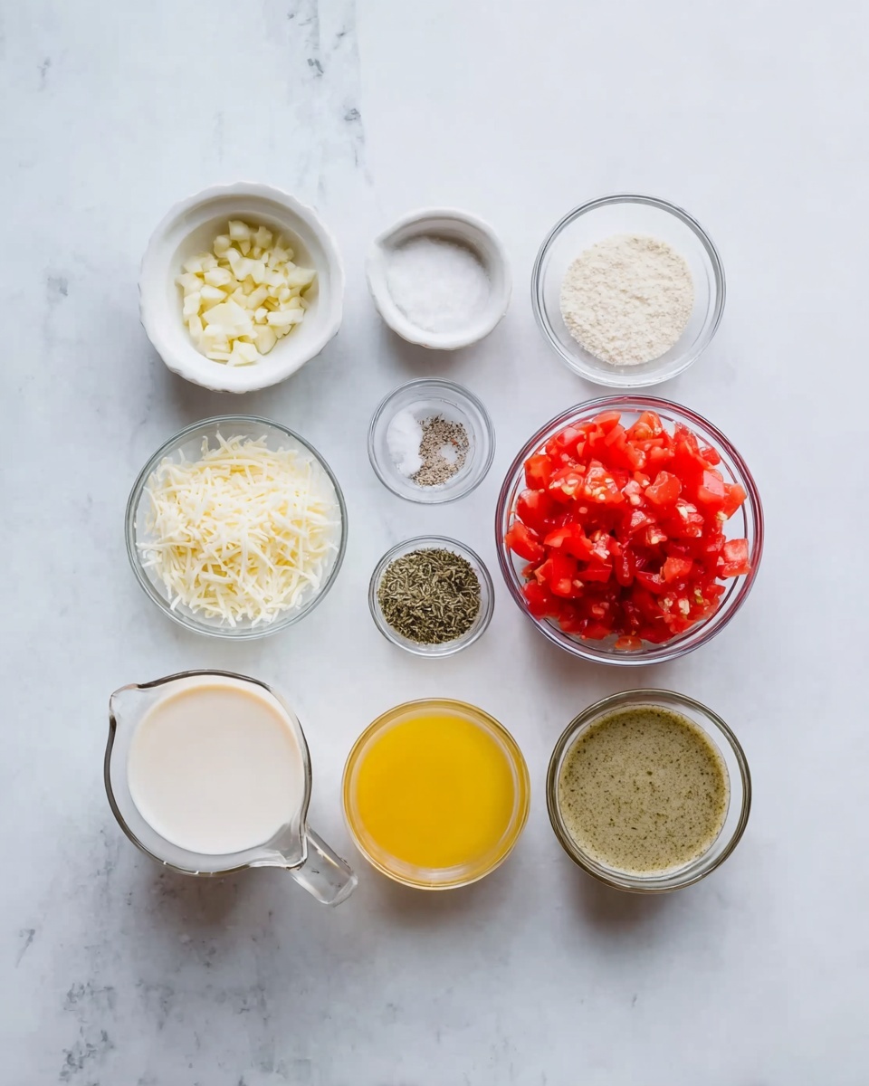 The image shows a white marbled surface with nine small containers holding different ingredients arranged in a neat layout. In the back row, from left to right, there is a small white bowl with minced garlic, a small white bowl with coarse white salt, and a clear glass bowl filled with bright red chopped tomatoes. On the middle row, from left to right, there is a clear glass bowl with shredded white cheese, a small glass bowl containing both salt and black pepper, and a small white bowl holding dried herbs. In the front row, from left to right, there are two clear glass measuring cups, one filled with milk colored liquid and the other filled with a yellow liquid. To the right of these is a clear glass bowl with a greenish-brown paste, all placed on the white marbled surface. photo taken with an iphone --ar 4:5 --v 7