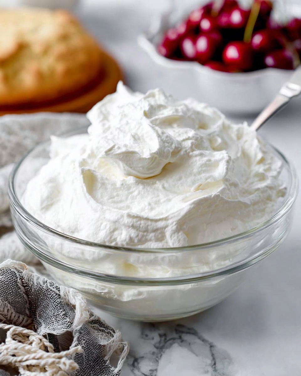 A clear glass bowl filled with a large, fluffy mound of white whipped cream showing soft peaks and a light, airy texture. The bowl is set on a white marbled surface with a silver spoon resting inside it at the back right. In the background, there is a blurred clear white bowl filled with red cherries and part of a beige baked item visible at the bottom left. A woman's hand with part of a gray patterned cloth and white string is gently pulling the cloth near the bowl. Photo taken with an iphone --ar 4:5 --v 7