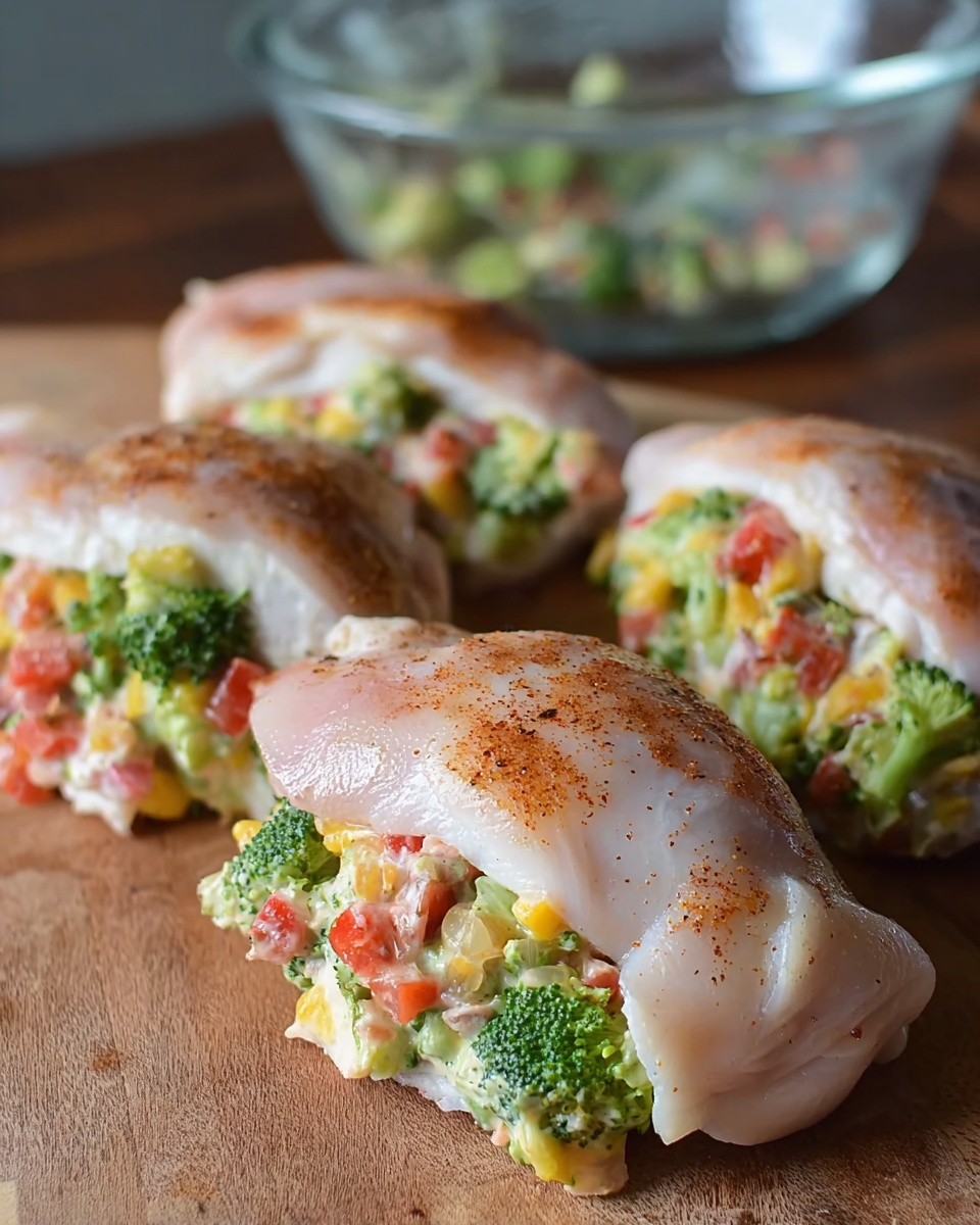 The image shows three uncooked stuffed chicken pieces placed on a wooden surface, each filled with a colorful mix of chopped broccoli, diced red bell peppers, and shredded cheese, creating a vibrant green, red, and yellow filling inside the pale pink chicken. The chicken is seasoned with a light sprinkling of spices on the outside, giving it a slightly reddish tint in some areas. The filling looks creamy and mixed evenly, sitting in the middle of each folded chicken piece, with the edges left open to reveal the layers inside. In the background, a clear glass bowl with a simple design is slightly out of focus, complementing the scene. photo taken with an iphone --ar 4:5 --v 7