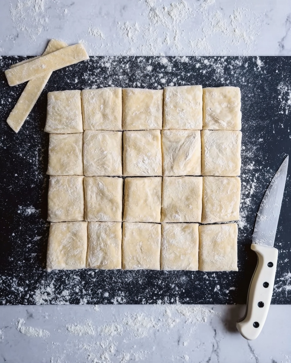 The image shows fifteen square dough pieces neatly arranged in three rows and five columns on a black textured board. The dough squares are pale beige with a light dusting of flour, showing a smooth and slightly flaky texture. In the top left corner, there are two thin dough strips, and at the bottom right edge lies a white handled knife with black buttons on it. The background surface has a white marbled texture. photo taken with an iphone --ar 4:5 --v 7